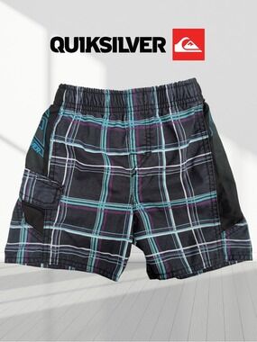 Quiksilver Boys' Black Plaid Swim Shorts - Teal & Purple